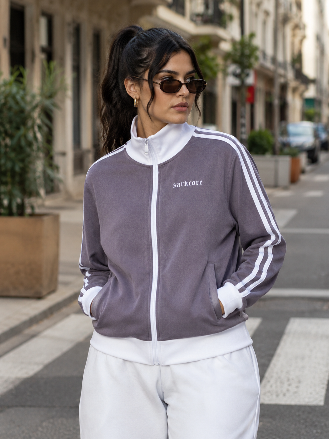 CONTRAST SIDE STRIPE FLEECE CROPPED TRACK JACKET