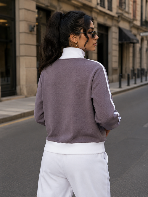 CONTRAST SIDE STRIPE FLEECE CROPPED TRACK JACKET