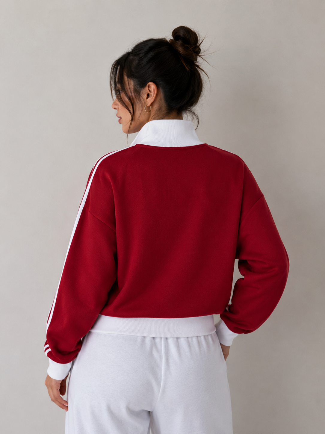 CONTRAST SIDE STRIPE FLEECE CROPPED TRACK JACKET