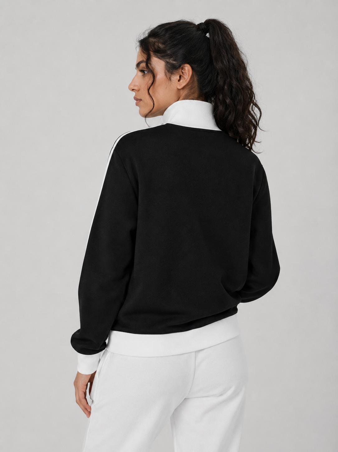 CONTRAST SIDE STRIPE FLEECE CROPPED TRACK JACKET
