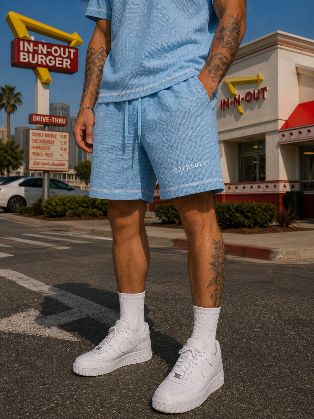 UNISEX SUNFADE WAFFLE RAW HEM SHORTS