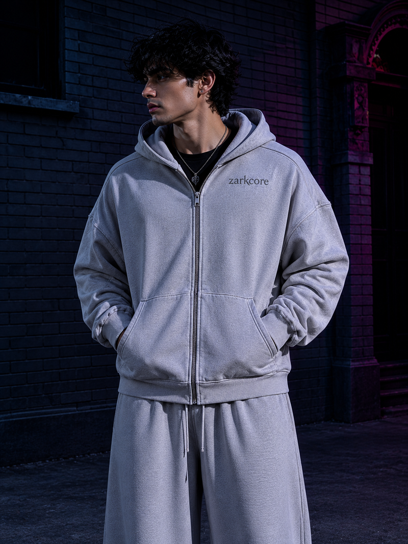 SNOW WASHED TAPE RAW EDGE ZIP HOODIE