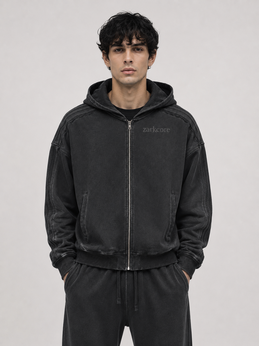 SNOW WASHED TAPE RAW EDGE ZIP HOODIE
