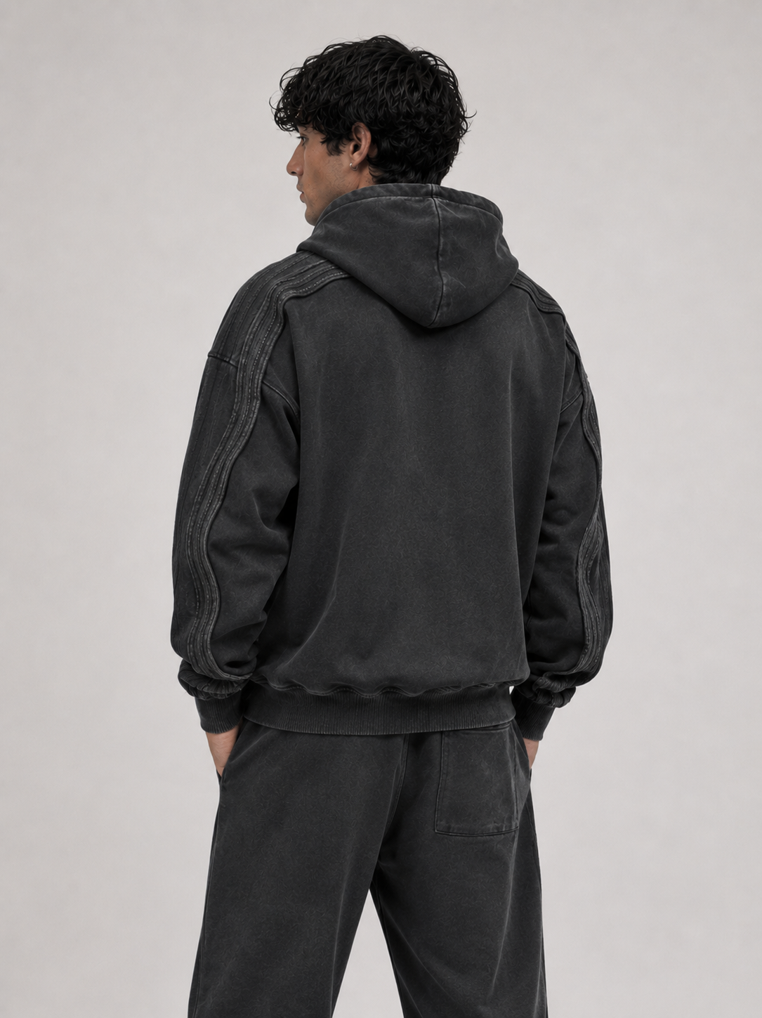 SNOW WASHED TAPE RAW EDGE ZIP HOODIE