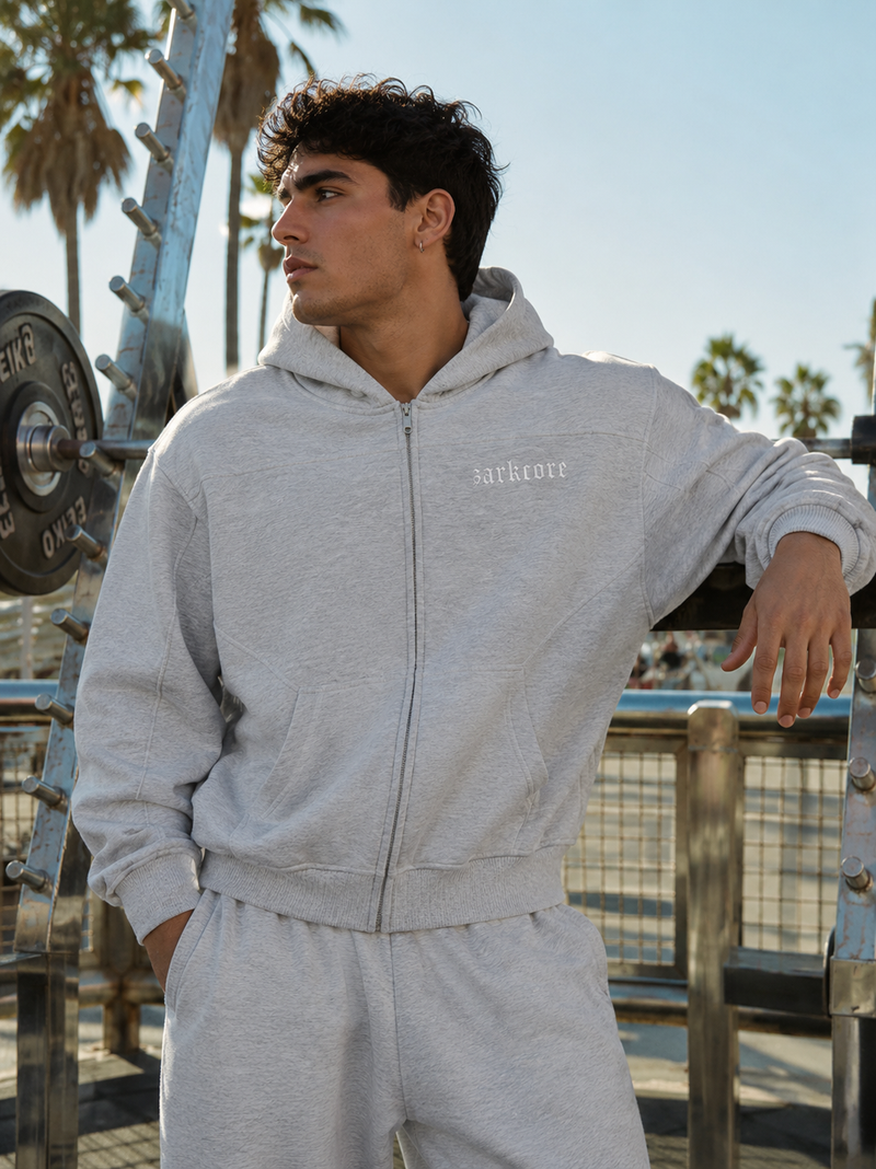 CONTRAST-STITCHED BOXY FLEECE ZIP HOODIE