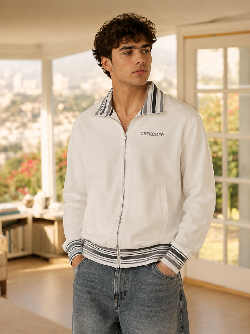 STRIPED RIB COLLAR ZIP JACKET