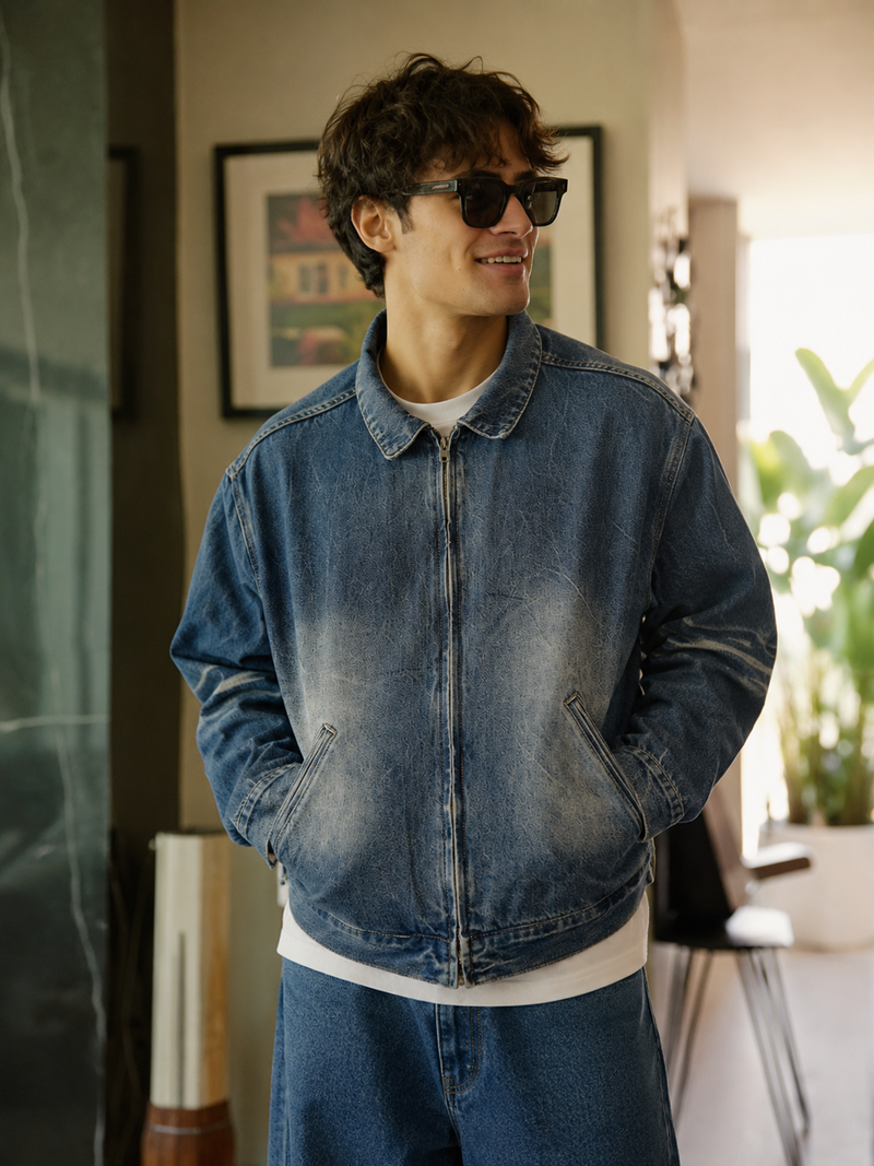 VINTAGE WASH ZIP UP DENIM JACKET